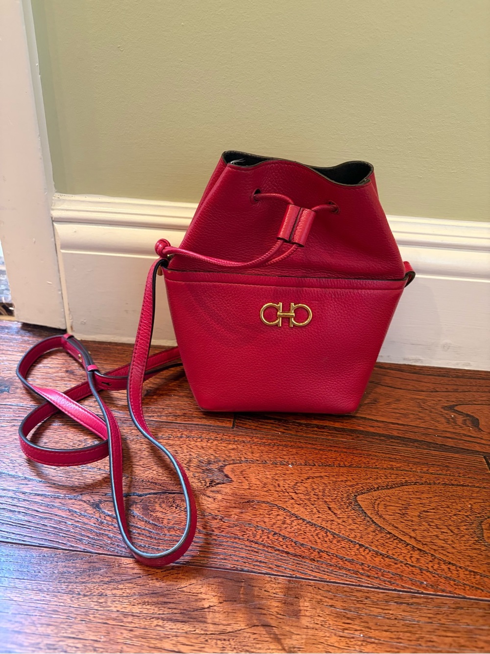 Salvatore Ferragamo Fuchsia Pebbled Leather Bucket Crossbody with Gold Hardware